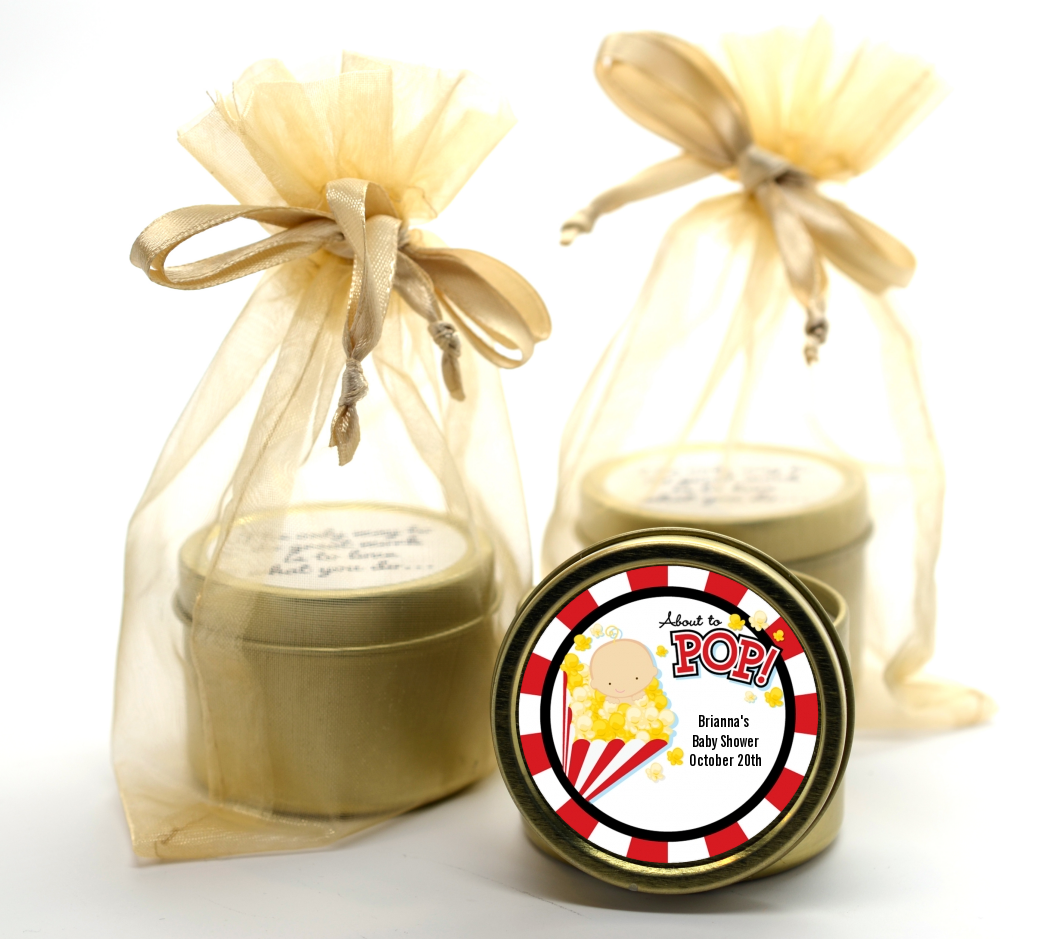 About To Pop - Baby Shower Gold Tin Candle Favors