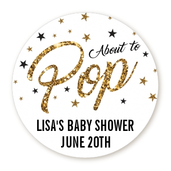 About To Pop Glitter - Round Personalized Baby Shower Sticker Labels