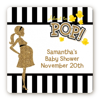 About To Pop Gold Glitter - Square Personalized Baby Shower Sticker Labels