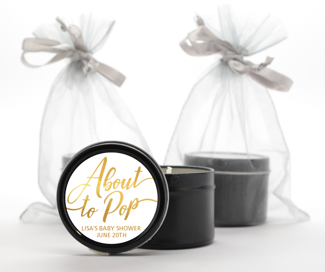 About To Pop Metallic - Baby Shower Black Candle Tin Favors