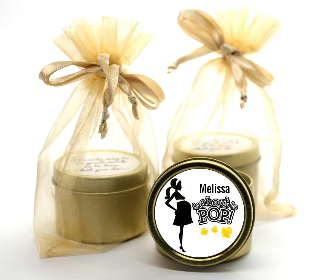About to Pop Mommy Black - Baby Shower Gold Tin Candle Favors