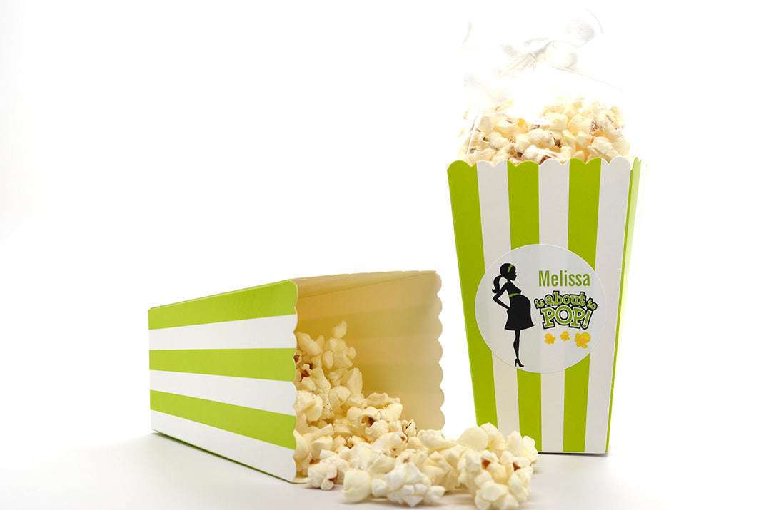 About To Pop Mommy Green - Personalized Baby Shower Popcorn Boxes - Set of 12