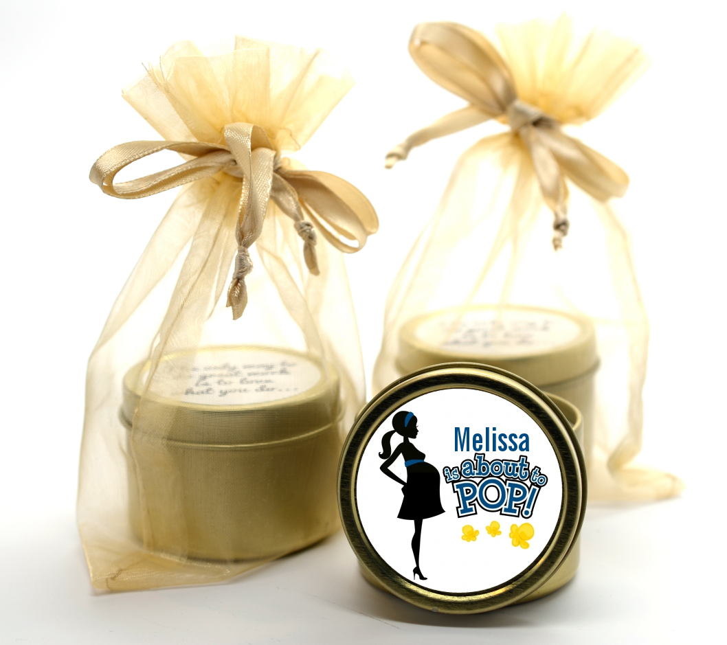 About To Pop Mommy Navy Blue - Baby Shower Gold Tin Candle Favors