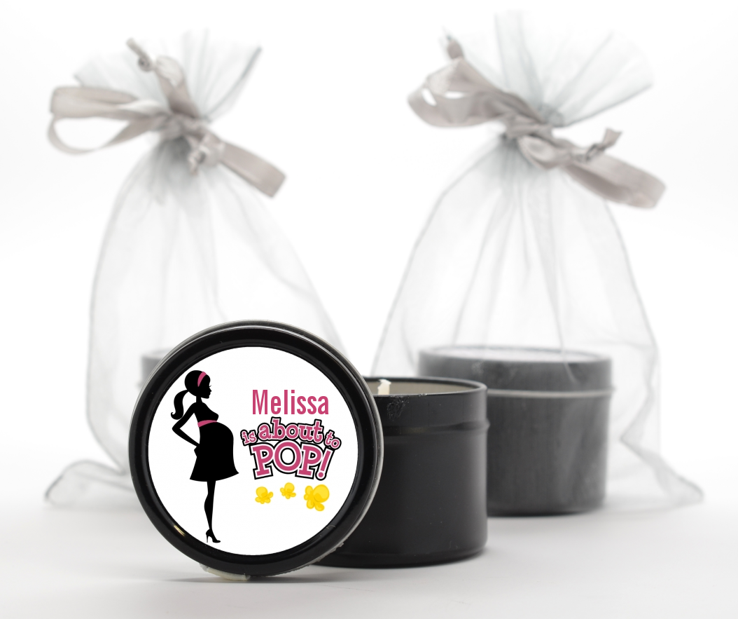 About to Pop Mommy Pink - Baby Shower Black Candle Tin Favors