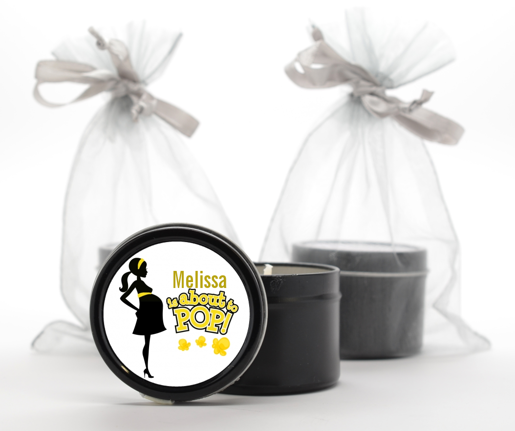About to Pop Mommy Yellow - Baby Shower Black Candle Tin Favors