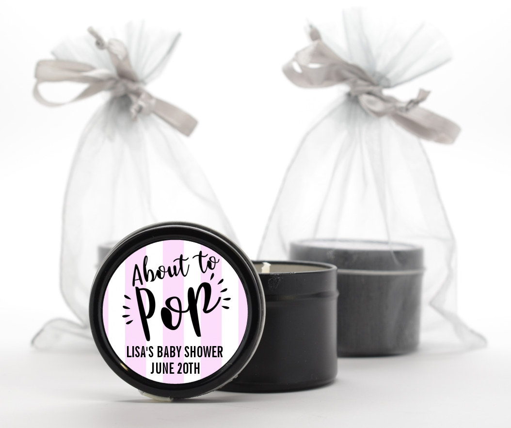 About To Pop Stripes - Baby Shower Black Candle Tin Favors