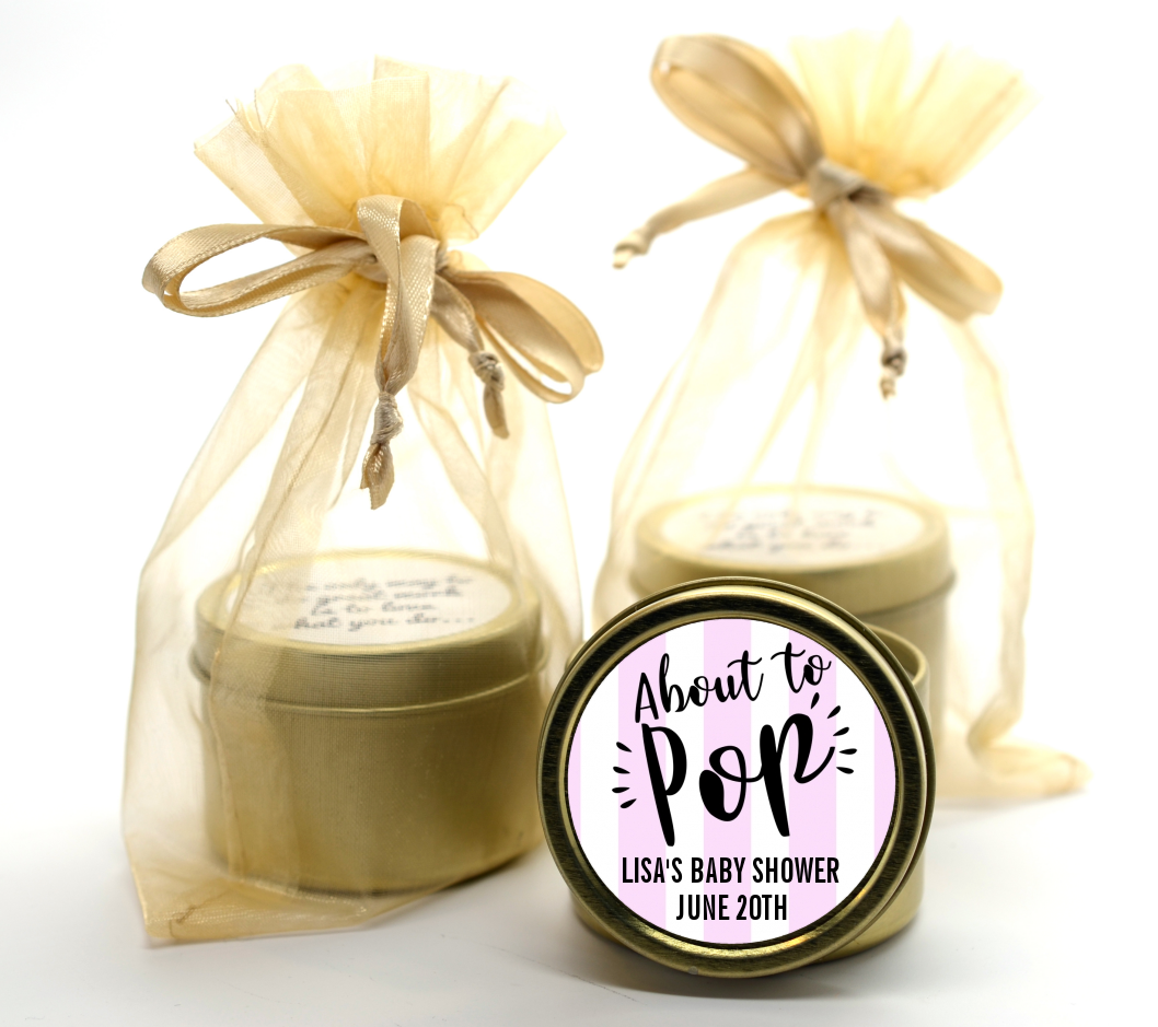 About To Pop Stripes - Baby Shower Gold Tin Candle Favors