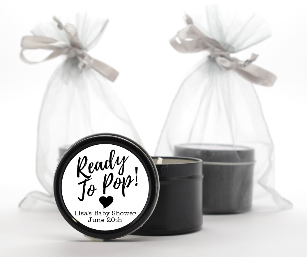 Ready To Pop Black and White - Baby Shower Black Candle Tin Favors