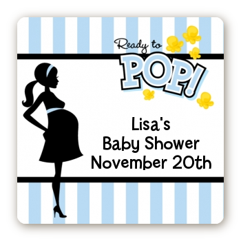 Ready To Pop Blue - Square Personalized Baby Shower Sticker Labels