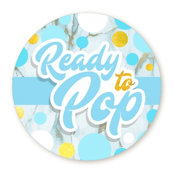 Ready To Pop Blue Gold - Round Personalized Baby Shower Sticker Labels