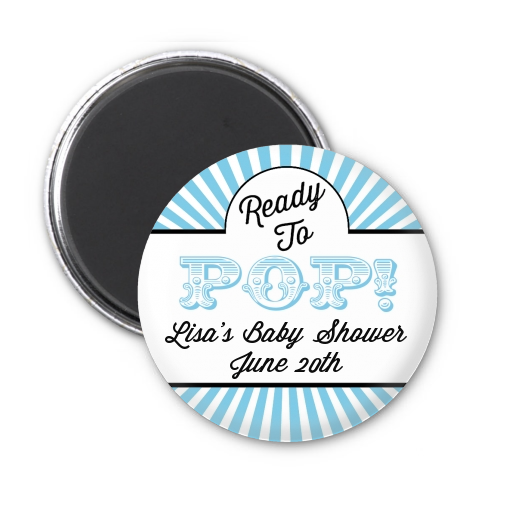 Ready To Pop Blue Stripes - Personalized Baby Shower Magnet Favors