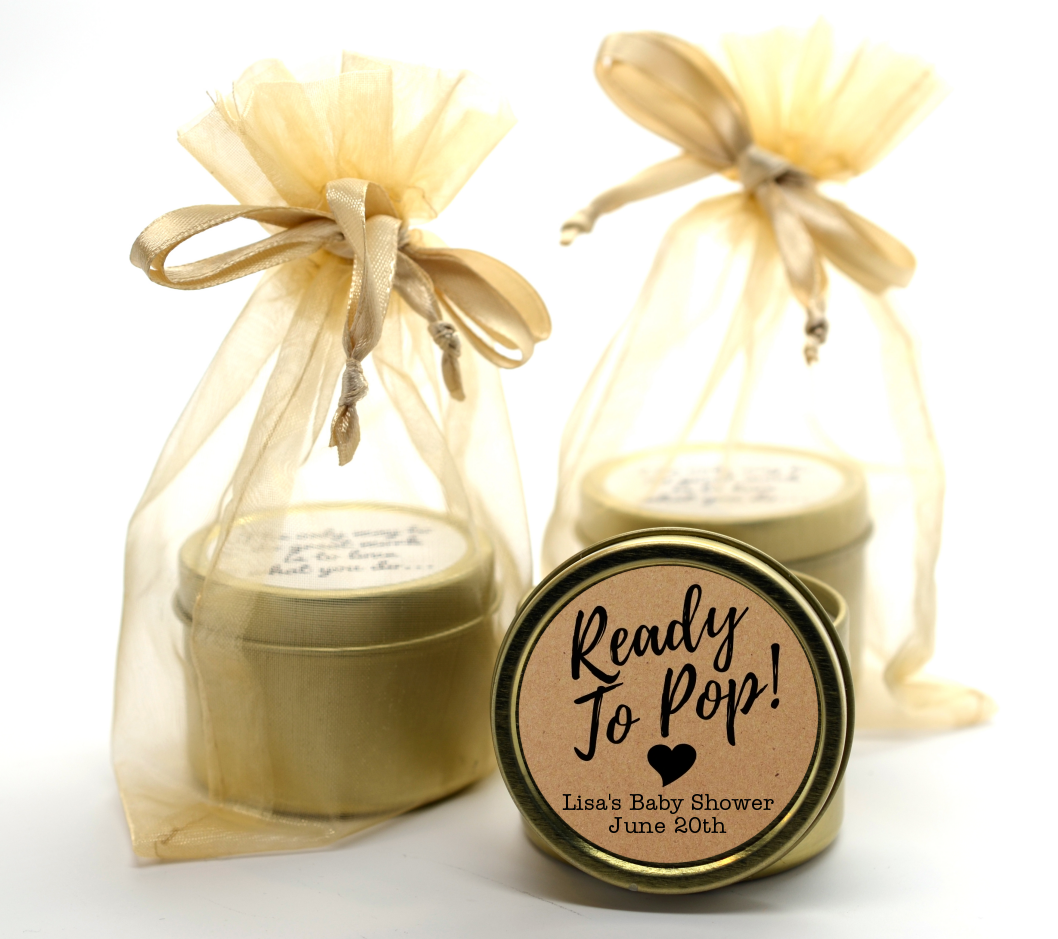 Ready To Pop Brown - Baby Shower Gold Tin Candle Favors