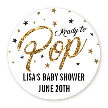 Ready To Pop Gold Glitter - Round Personalized Baby Shower Sticker Labels