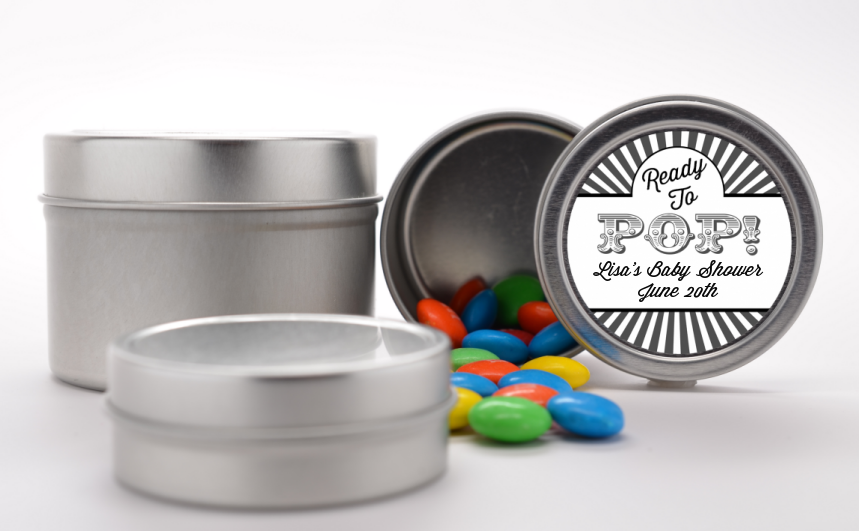 Ready To Pop Gray Stripes - Custom Baby Shower Favor Tins