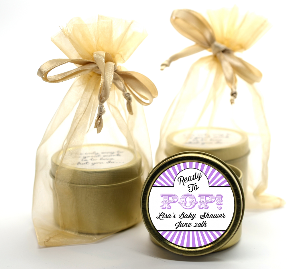 Ready To Pop Purple Stripes - Baby Shower Gold Tin Candle Favors