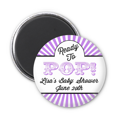 Ready To Pop Purple Stripes - Personalized Baby Shower Magnet Favors