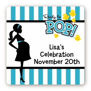 Ready To Pop Teal - Square Personalized Baby Shower Sticker Labels