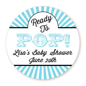 Ready To Pop Teal Stripes - Round Personalized Baby Shower Sticker Labels