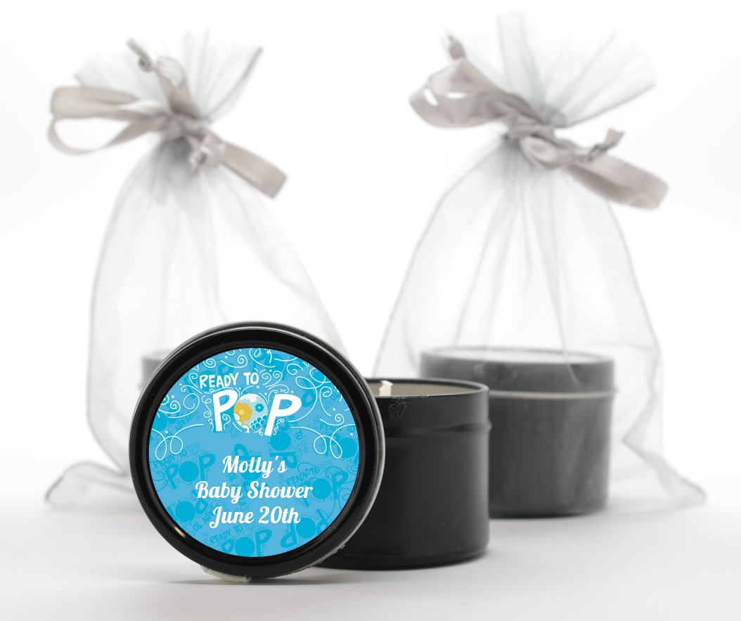 She's Ready To Pop Blue - Baby Shower Black Candle Tin Favors