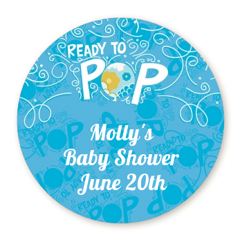 She's Ready To Pop Blue - Round Personalized Baby Shower Sticker Labels