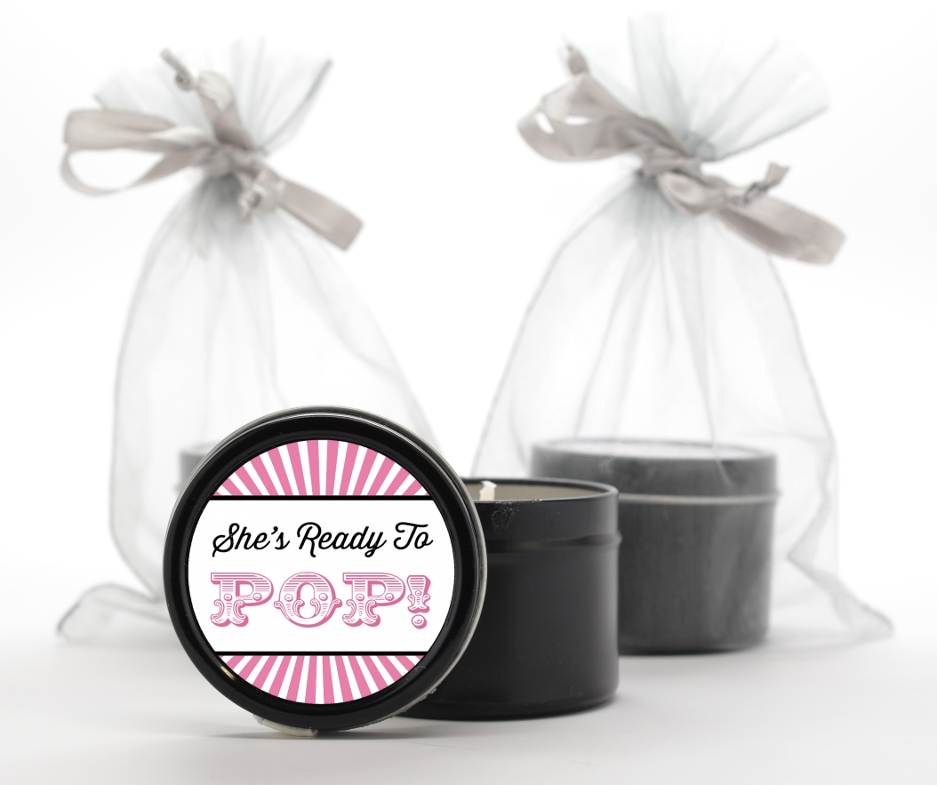 She's Ready To Pop - Baby Shower Black Candle Tin Favors