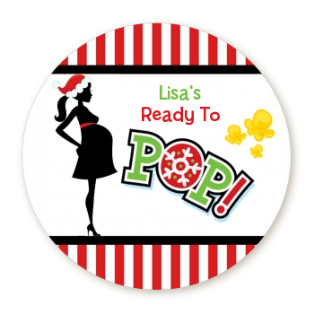 She's Ready To Pop Christmas Edition - Round Personalized Baby Shower Sticker Labels