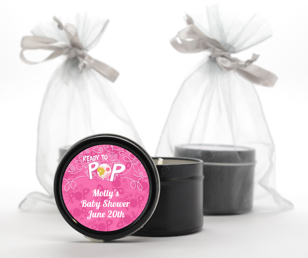 She's Ready To Pop Pink - Baby Shower Black Candle Tin Favors