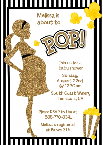Ready To Pop Gold Glitter Black Stripes - Printed Baby Shower Invitation