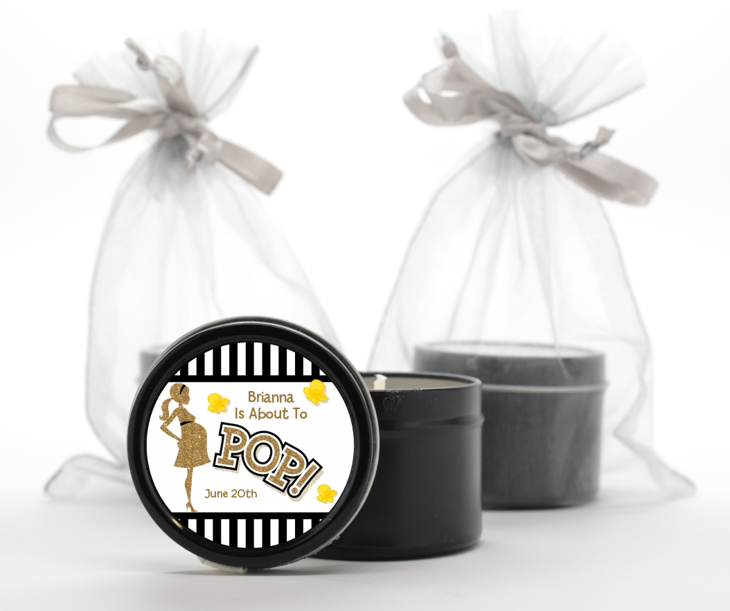 About To Pop Gold Glitter - Baby Shower Black Candle Tin Favors