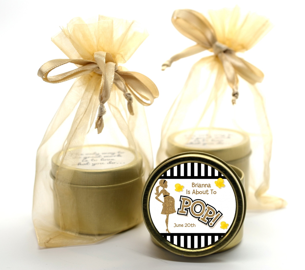 About To Pop Gold Glitter - Baby Shower Gold Tin Candle Favors