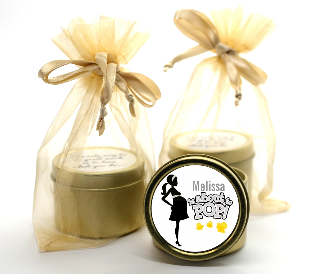 About To Pop Mommy Grey - Baby Shower Gold Tin Candle Favors