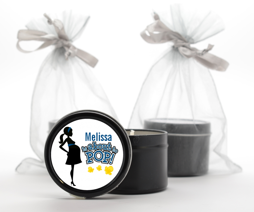 About To Pop Mommy Navy Blue - Baby Shower Black Candle Tin Favors