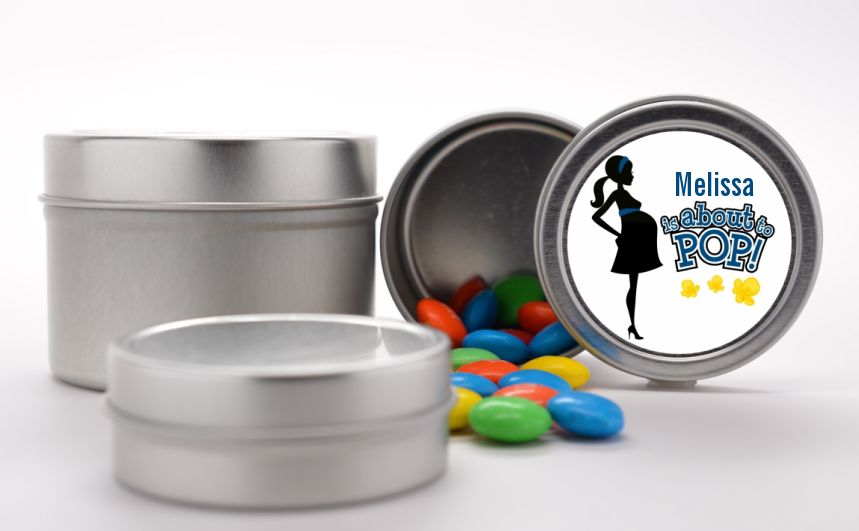 About To Pop Mommy Navy Blue - Custom Baby Shower Favor Tins
