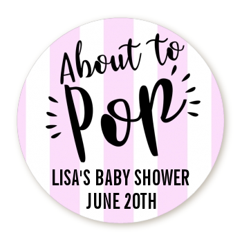 About To Pop Stripes - Round Personalized Baby Shower Sticker Labels