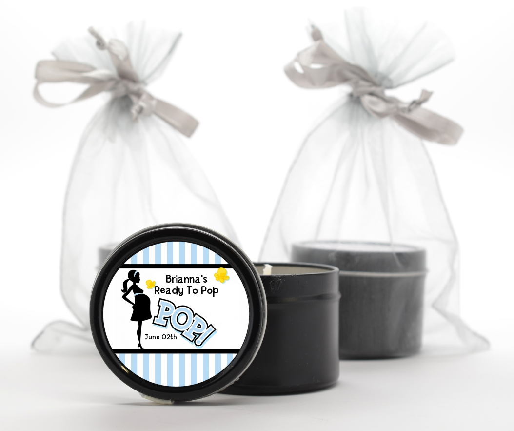 Ready To Pop Blue - Baby Shower Black Candle Tin Favors