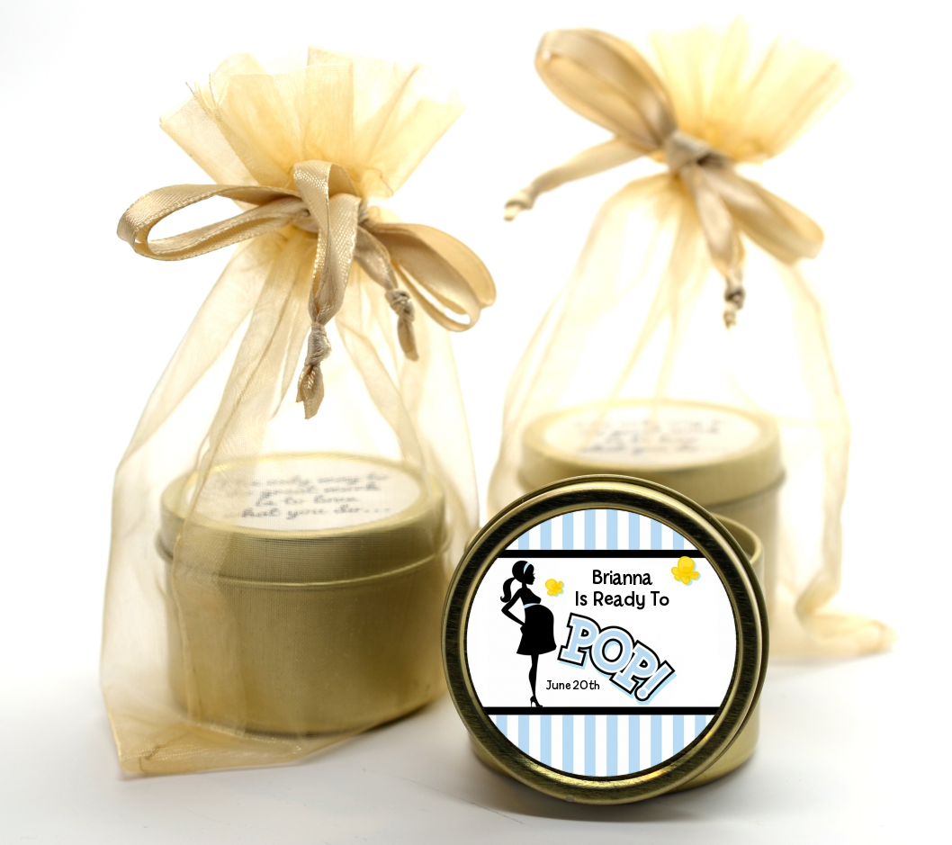Ready To Pop Blue - Baby Shower Gold Tin Candle Favors