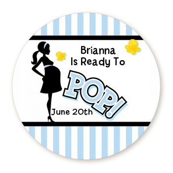Ready To Pop Blue - Round Personalized Baby Shower Sticker Labels