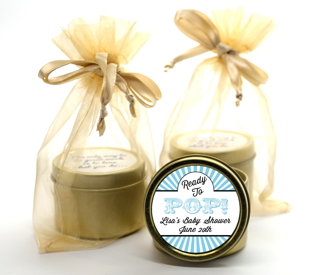 Ready To Pop Blue Stripes - Baby Shower Gold Tin Candle Favors