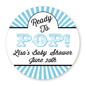 Ready To Pop Blue Stripes - Round Personalized Baby Shower Sticker Labels