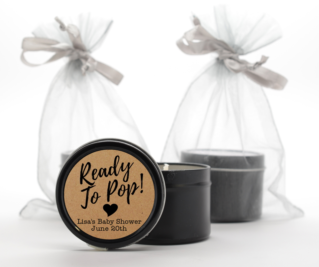 Ready To Pop Brown - Baby Shower Black Candle Tin Favors