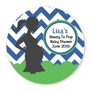 Ready To Pop Chevron Blue and Green - Round Personalized Baby Shower Sticker Labels