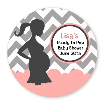 Ready To Pop Chevron Gray and Salmon Pink - Round Personalized Baby Shower Sticker Labels