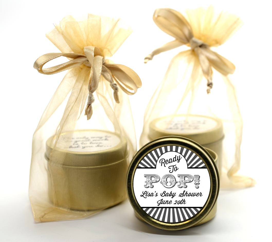 Ready To Pop Gray Stripes - Baby Shower Gold Tin Candle Favors