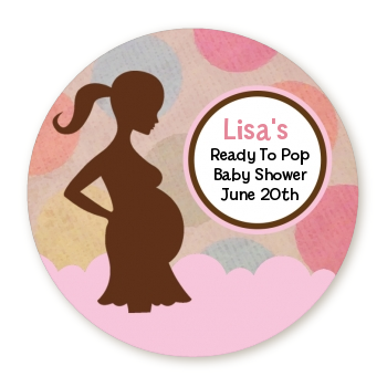 Ready To Pop Pink and Tan with dots - Round Personalized Baby Shower Sticker Labels