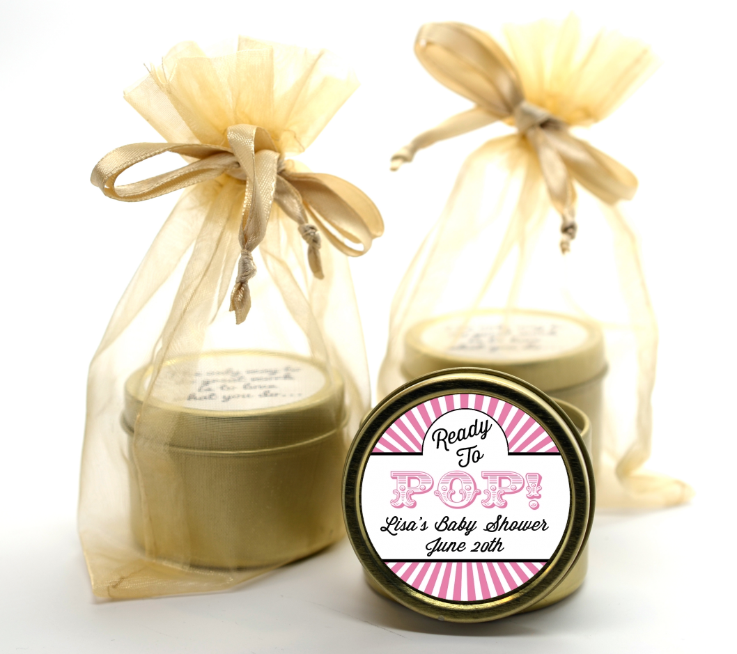 Ready To Pop Pink Stripes - Baby Shower Gold Tin Candle Favors