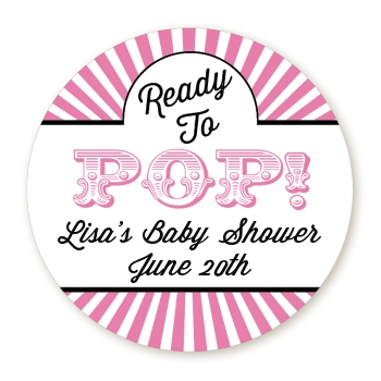 Ready To Pop Pink Stripes - Round Personalized Baby Shower Sticker Labels