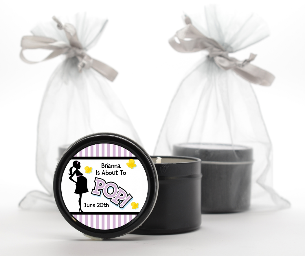 Ready To Pop Purple - Baby Shower Black Candle Tin Favors