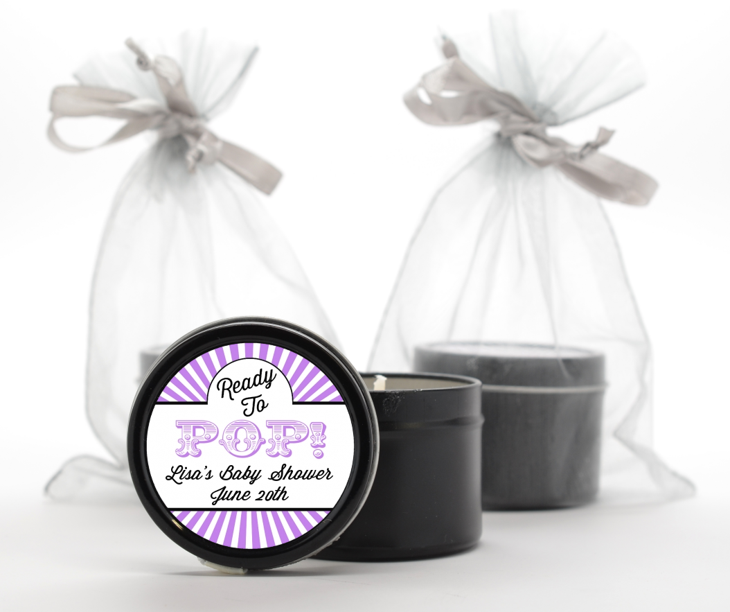 Ready To Pop Purple Stripes - Baby Shower Black Candle Tin Favors