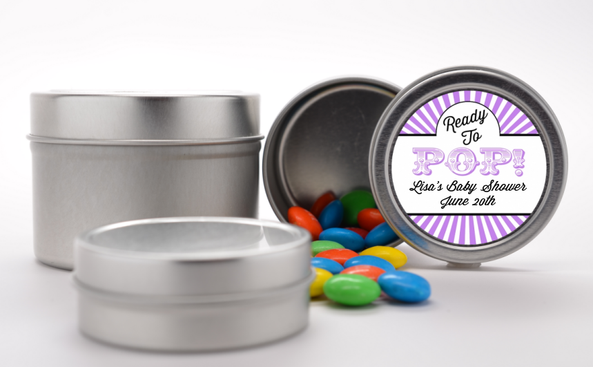 Ready To Pop Purple Stripes - Custom Baby Shower Favor Tins