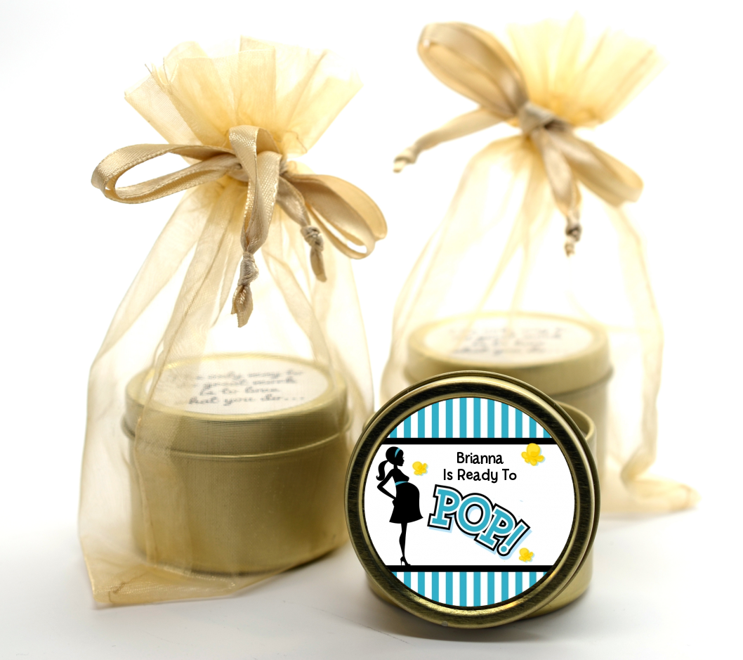 Ready To Pop Teal - Baby Shower Gold Tin Candle Favors